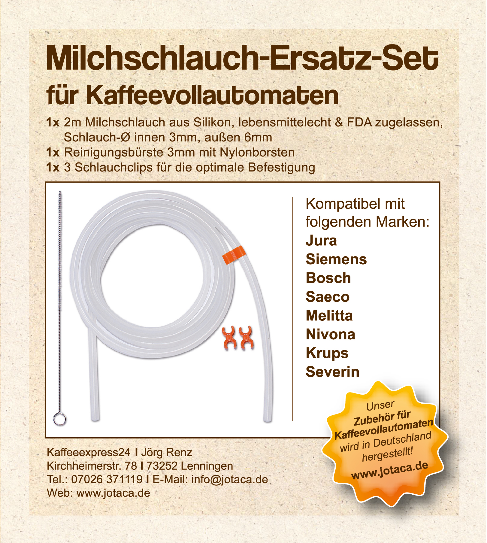 Milchschlauch 2m + Reinigungsbürste + Clips passend für Kaffeevollautomaten