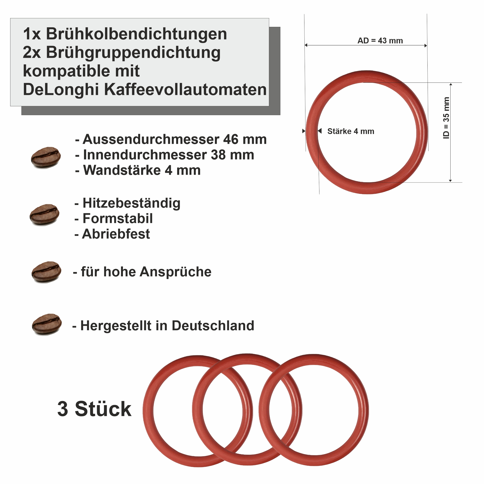 Pflegeset 3 Dichtungen und 1 Silikonfett passend für DeLonghi Kaffeevollautomat