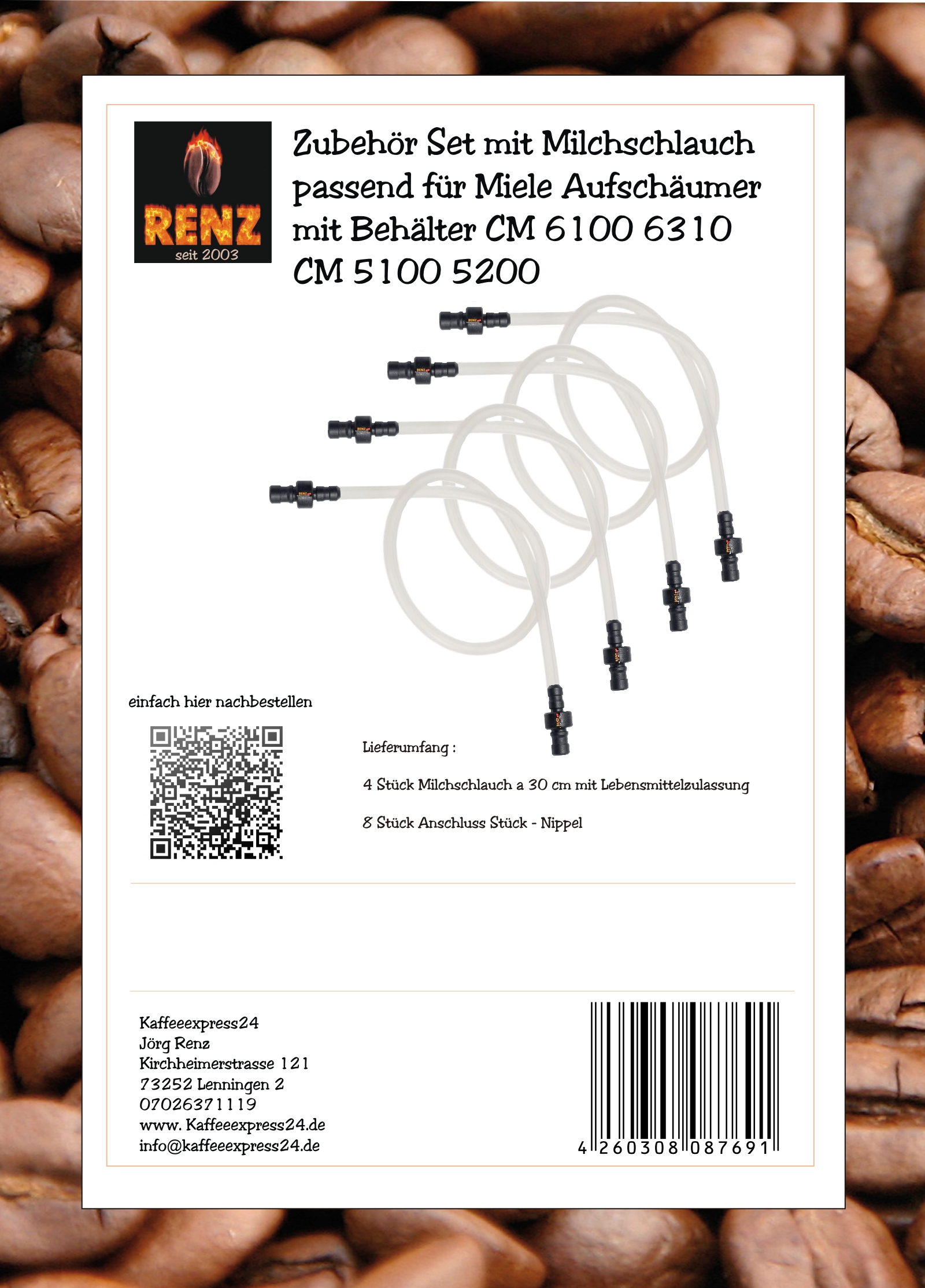 Zubehör Set mit Milchschlauch passend für Miele Aufschäumer mit Behälter CM 6100 6310 5100 5200